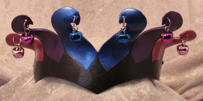 Jester crown in bi pride flag metallics.